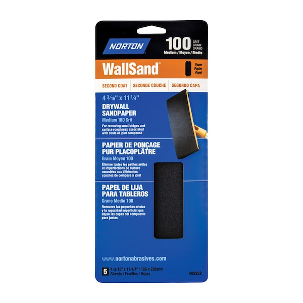 Norton Abrasives Norton WallSand 11-1/4 in. L X 4-3/16 in. W 100 Grit Silicon Carbide Sandpaper 5 pk 7660701888 - main